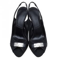 Pre Owned Dior Black Monogram Canvas Logo Plaque Slingback Sandals Size 36