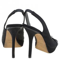 Pre Owned Dior Black Monogram Canvas Logo Plaque Slingback Sandals Size 36