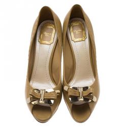 Pre Owned حذاء كعب عالي ديور نعل سميك ومقدمة مفتوحة بفيونكة جلد بيج مقاس 38.5