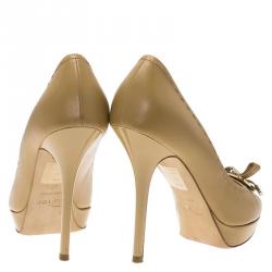 Pre Owned حذاء كعب عالي ديور نعل سميك ومقدمة مفتوحة بفيونكة جلد بيج مقاس 38.5