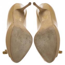 Pre Owned حذاء كعب عالي ديور نعل سميك ومقدمة مفتوحة بفيونكة جلد بيج مقاس 38.5