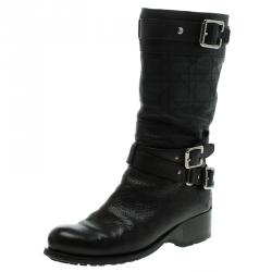 Pre Owned بوت لمنتصف الساق ديور رايدينغ جلد كاناج أسود بأبازيم مقاس 37.5