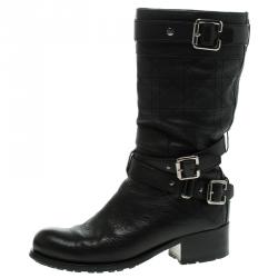 Pre Owned بوت لمنتصف الساق ديور رايدينغ جلد كاناج أسود بأبازيم مقاس 37.5