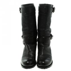 Pre Owned بوت لمنتصف الساق ديور رايدينغ جلد كاناج أسود بأبازيم مقاس 37.5