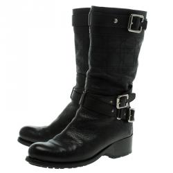 Pre Owned بوت لمنتصف الساق ديور رايدينغ جلد كاناج أسود بأبازيم مقاس 37.5