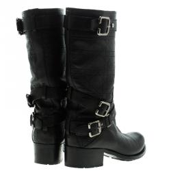 Pre Owned بوت لمنتصف الساق ديور رايدينغ جلد كاناج أسود بأبازيم مقاس 37.5