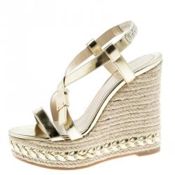 مملوكة مسبقًا Dior Gold Metallic Leather Cross Strap Espadrille Wedge Sandals Size 36