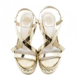 مملوكة مسبقًا Dior Gold Metallic Leather Cross Strap Espadrille Wedge Sandals Size 36