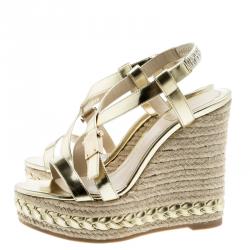 مملوكة مسبقًا Dior Gold Metallic Leather Cross Strap Espadrille Wedge Sandals Size 36
