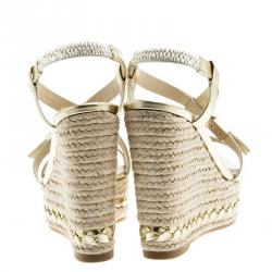 مملوكة مسبقًا Dior Gold Metallic Leather Cross Strap Espadrille Wedge Sandals Size 36