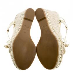 مملوكة مسبقًا Dior Gold Metallic Leather Cross Strap Espadrille Wedge Sandals Size 36