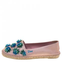 Pre Owned حذاء لوفرز إسبادريل ديور كانفاس وردي مزين بالورود مقاس 36.5