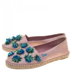 Pre Owned حذاء لوفرز إسبادريل ديور كانفاس وردي مزين بالورود مقاس 36.5