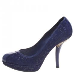 Pre Owned حذاء كعب عالي ديور ديور بيز بنعل سميك سويدي قص ليزر وجلد أزرق مقاس 40