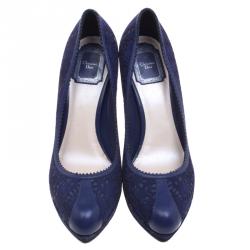 Pre Owned حذاء كعب عالي ديور ديور بيز بنعل سميك سويدي قص ليزر وجلد أزرق مقاس 40