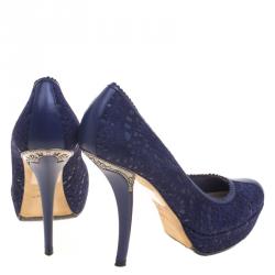 Pre Owned حذاء كعب عالي ديور ديور بيز بنعل سميك سويدي قص ليزر وجلد أزرق مقاس 40