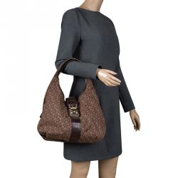 Pre Owned DKNY Dark Brown Signature Canvas Croc Trim Town and Country Hobo
