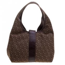 Pre Owned DKNY Dark Brown Signature Canvas Croc Trim Town and Country Hobo