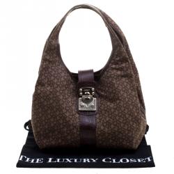Pre Owned DKNY Dark Brown Signature Canvas Croc Trim Town and Country Hobo