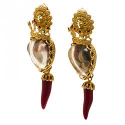 مملوكة مسبقًا Dolce and Gabbana Sacred Heart Crown & Red Rose Gold Tone Clip-on Long Earrings