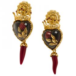 مملوكة مسبقًا Dolce and Gabbana Sacred Heart Crown & Red Rose Gold Tone Clip-on Long Earrings