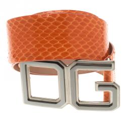 Pre Owned Dolce and Gabbana Orange Python DG Buckle Belt 85 CM