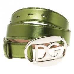 Pre Owned حزام دولتشي أند غابانا بإبزيم الشعار أخضر ميتاليك 80 سم