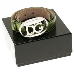 Pre Owned حزام دولتشي أند غابانا بإبزيم الشعار أخضر ميتاليك 80 سم