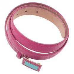 Pre Owned Dolce and Gabbana Light Pink Leather Logo Plaque Skinny Belt Size 85CM