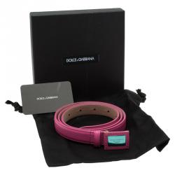 Pre Owned Dolce and Gabbana Light Pink Leather Logo Plaque Skinny Belt Size 85CM