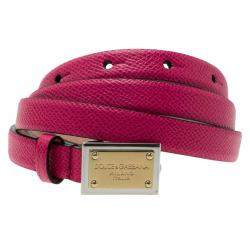 Pre Owned Dolce and Gabbana Pink Leather Logo Plaque Skinny Belt Size 90CM