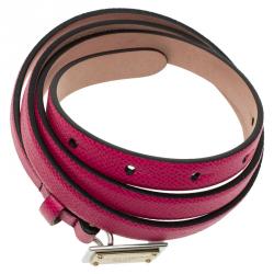 Pre Owned Dolce and Gabbana Pink Leather Logo Plaque Skinny Belt Size 90CM
