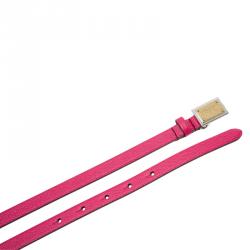 Pre Owned Dolce and Gabbana Pink Leather Logo Plaque Skinny Belt Size 90CM