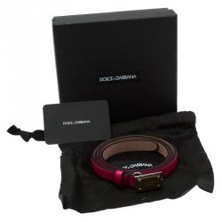 Pre Owned Dolce and Gabbana Pink Leather Logo Plaque Skinny Belt Size 90CM