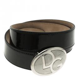 Pre Owned Dolce and Gabbana Black Patent Logo Buckle Belt Size 80 CM