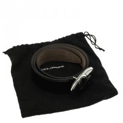 Pre Owned Dolce and Gabbana Black Patent Logo Buckle Belt Size 80 CM