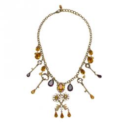 Pre Owned Dolce and Gabbana Medieval Key Crystal Studded Gold Tone Necklace