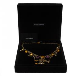 Pre Owned Dolce and Gabbana Medieval Key Crystal Studded Gold Tone Necklace