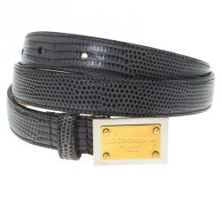 Pre Owned Dolce and Gabbana Grey Lizard Embossed Leather Logo Plaque Belt 80CM