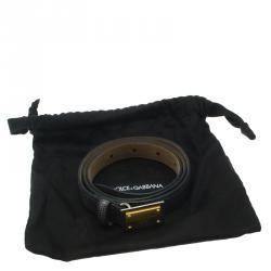 Pre Owned Dolce and Gabbana Grey Lizard Embossed Leather Logo Plaque Belt 80CM