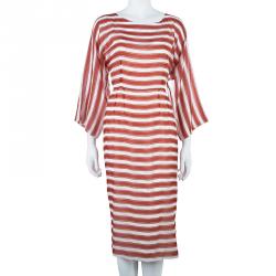 Pre Owned Dolce and Gabbana Red And White Striped Silk Chiffon Dress M