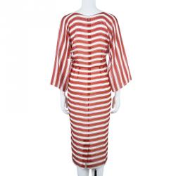 Pre Owned Dolce and Gabbana Red And White Striped Silk Chiffon Dress M