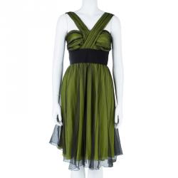 Pre Owned Dolce And Gabbana Green Silk Draped Tulle Dress M