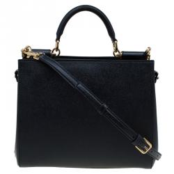 Pre Owned Dolce and Gabbana Black Leather Medium Miss Sicily Shopper Tote