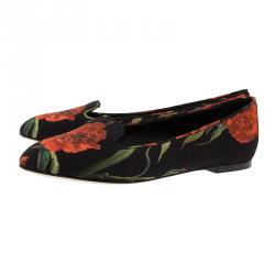 Pre Owned Dolce and Gabbana Black Carnation Print Smoking Slippers Size 38