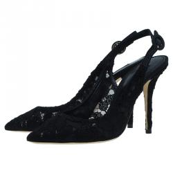 Pre Owned Dolce and Gabbana Black Lace Slingback Sandals Size 37.5