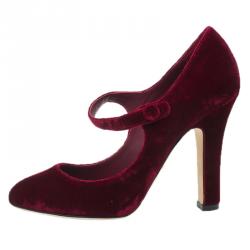 Pre Owned Dolce and Gabbana Red Velvet Mary Jane Pumps Size 37