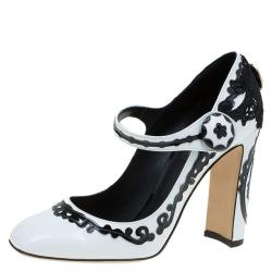 Pre Owned Dolce and Gabbana Black and White Leather Baroque Patterned Mary Jane Pumps Size 38