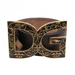 Pre Owned Dolce and Gabbana Brown Leather DG Logo Buckle Belt 85CM