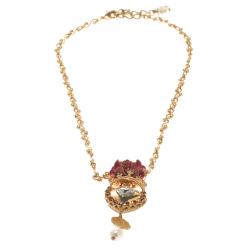 Dolce and Gabbana Rose Sacred Heart Gold Tone Pendant Chain Necklace